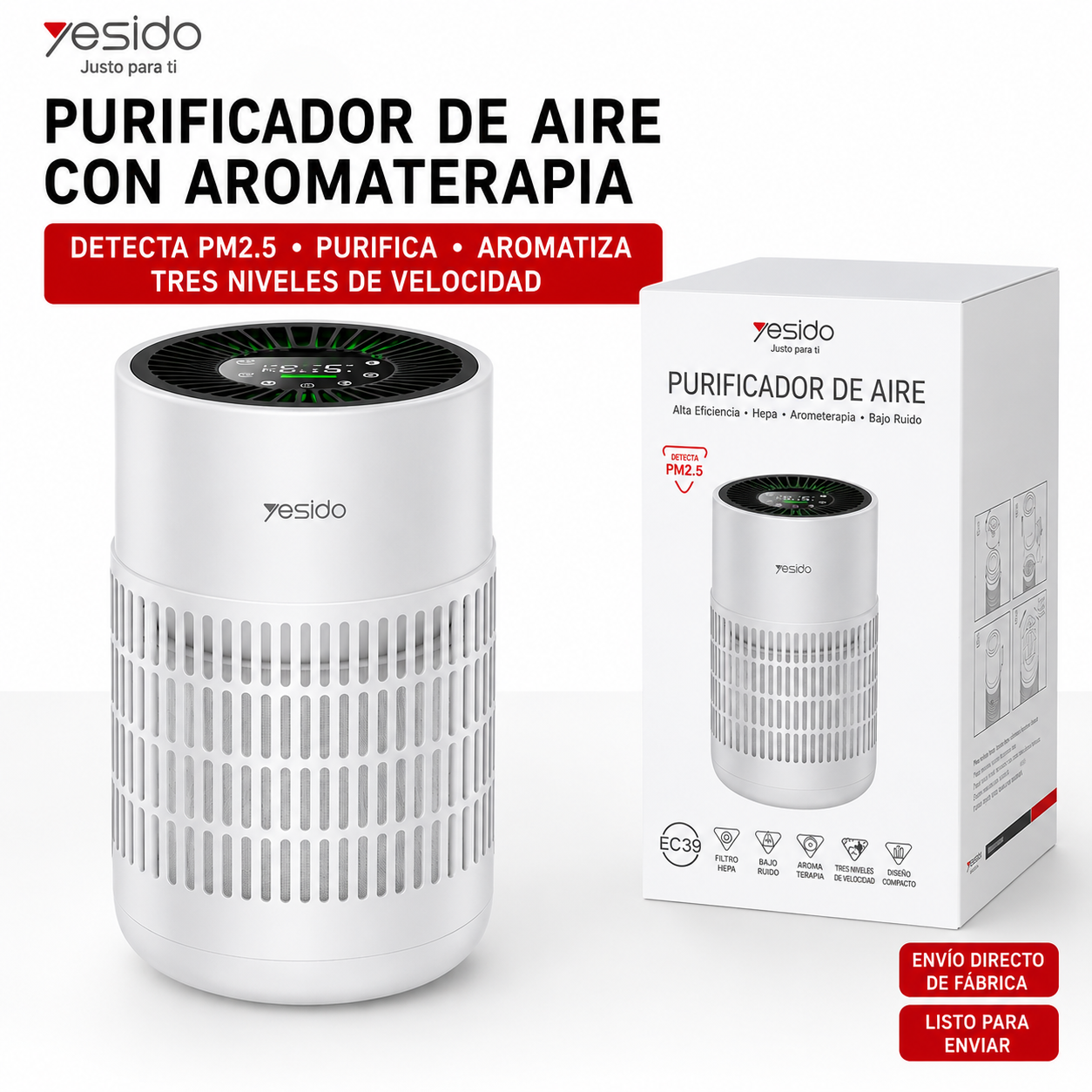 Purificador de Aire con Filtro HEPA, Aromaterapia, Control Tactil y Sensor de Polvo Inteligente - Yesido Purifier