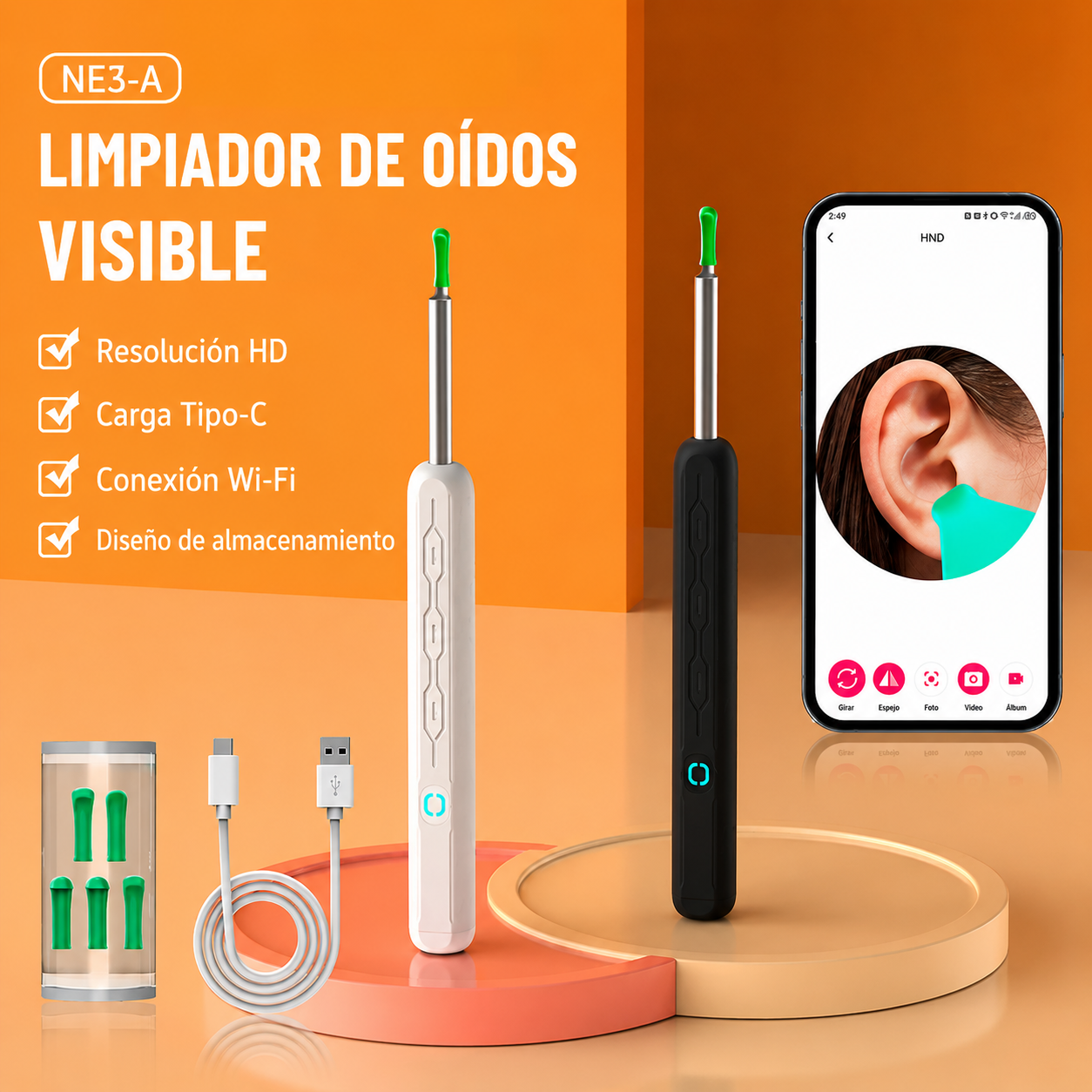 Otoscopio NE3 PRO Limpiador de Oidos Recargable, Otoscopio Inalambrico con Wifi, Camara Visual HD para Limpieza de Cerumen y Oido Obstruido