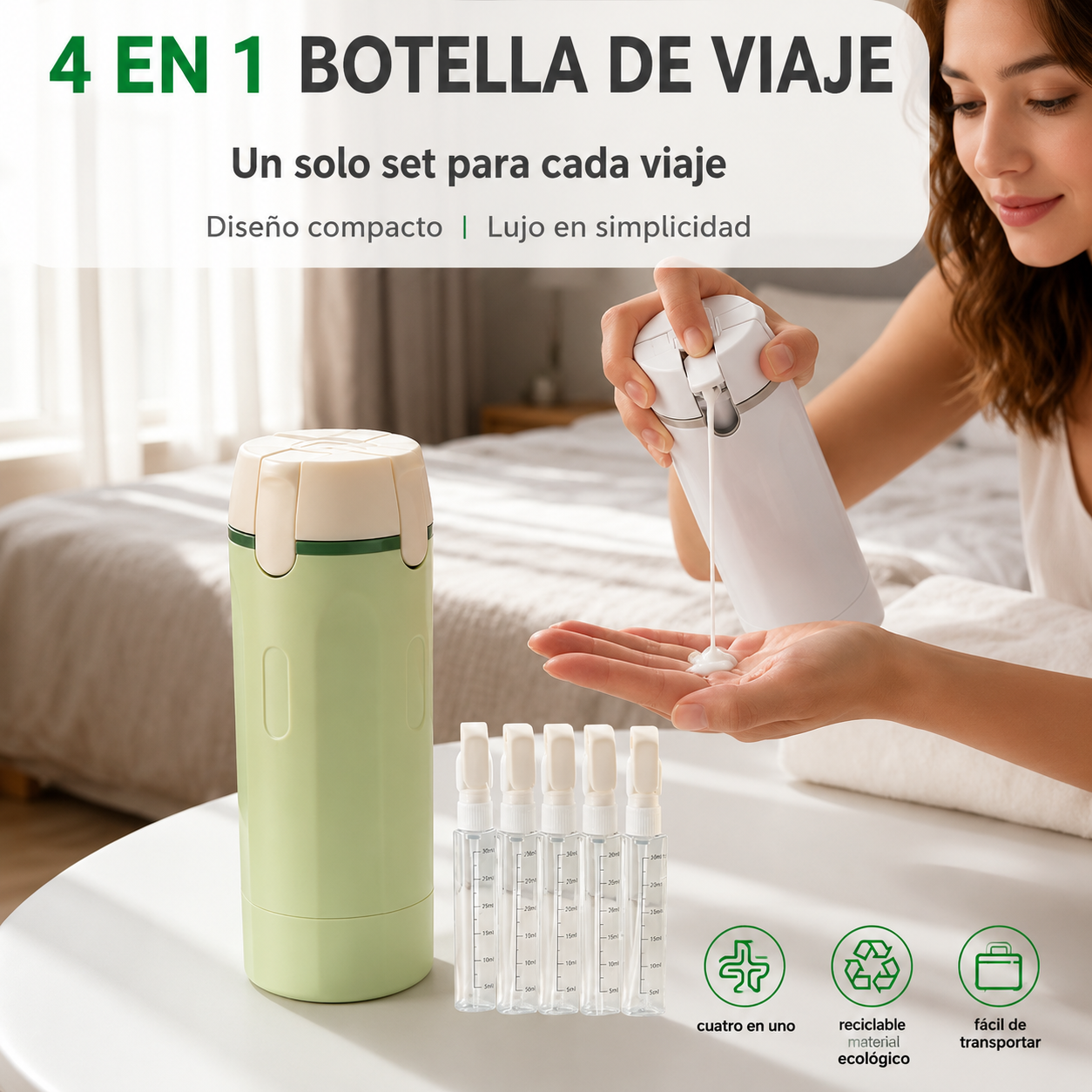 Kit de Artículos de Aseo 4 en 1 con Estuche, Dispensador de Líquido Recargable a Prueba de derrames y fugas