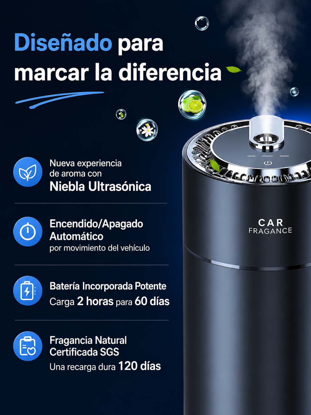 DIFUSOR DE FRAGANCIA INTELIGENTE PARA AUTO, PERFUME DE LUJO, CON SENSOR DE MOVIMIENTO Y PROYECCION DE LUZ 3D
