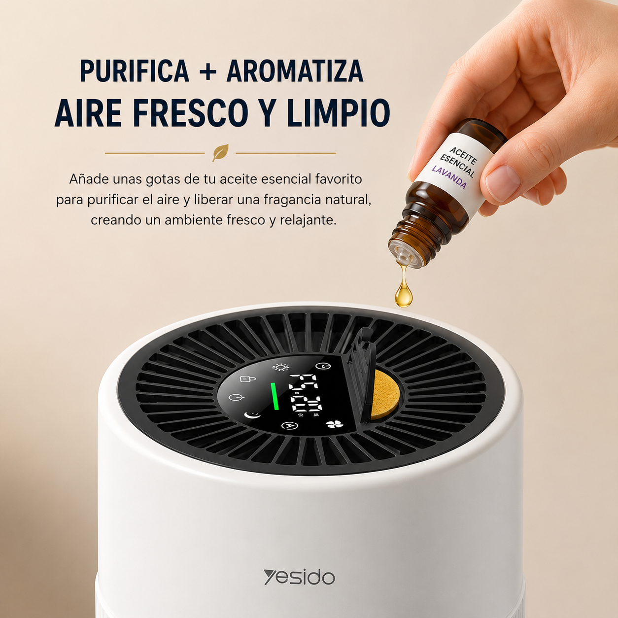 Purificador de Aire con Filtro HEPA, Aromaterapia, Control Tactil y Sensor de Polvo Inteligente - Yesido Purifier