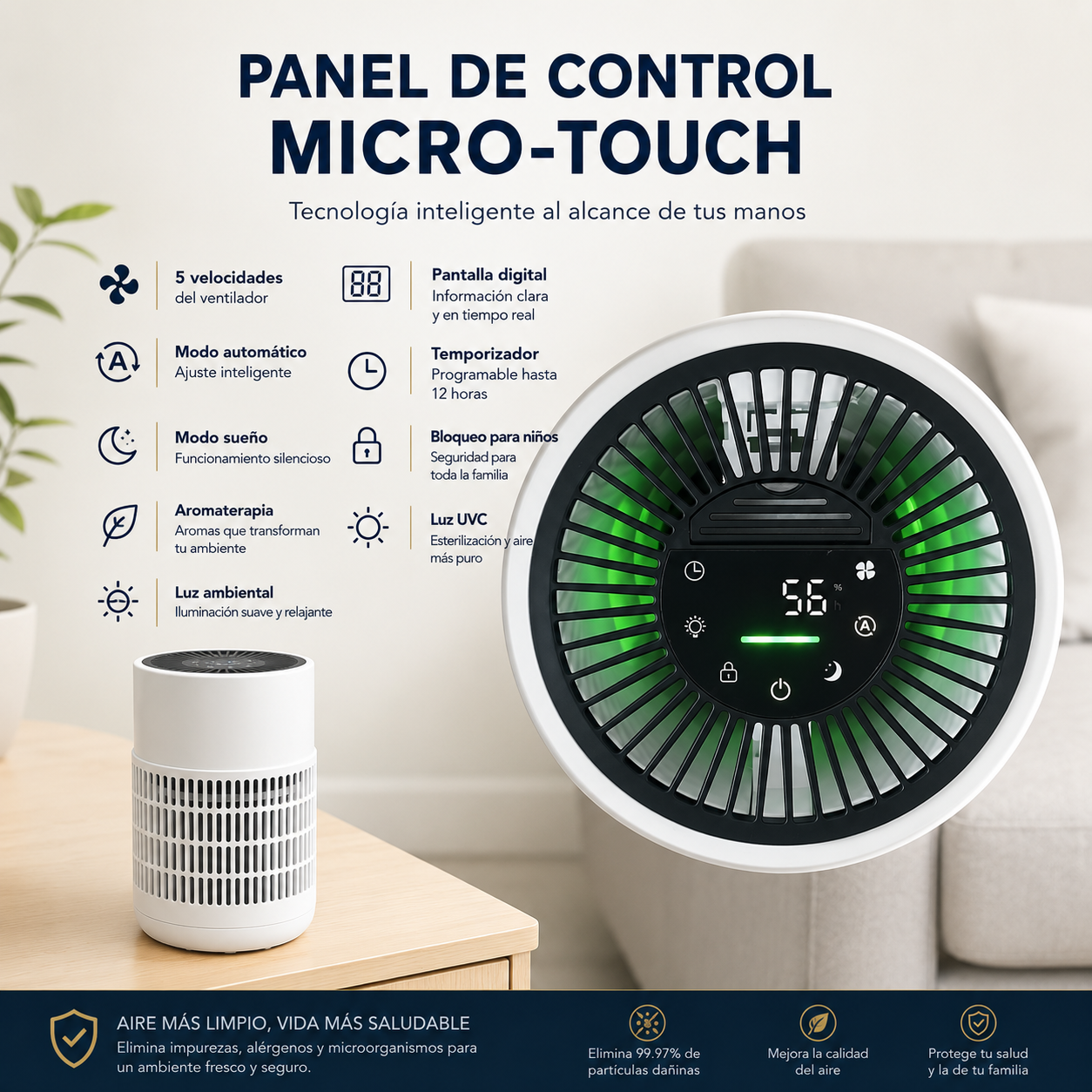 Purificador de Aire con Filtro HEPA, Aromaterapia, Control Tactil y Sensor de Polvo Inteligente - Yesido Purifier