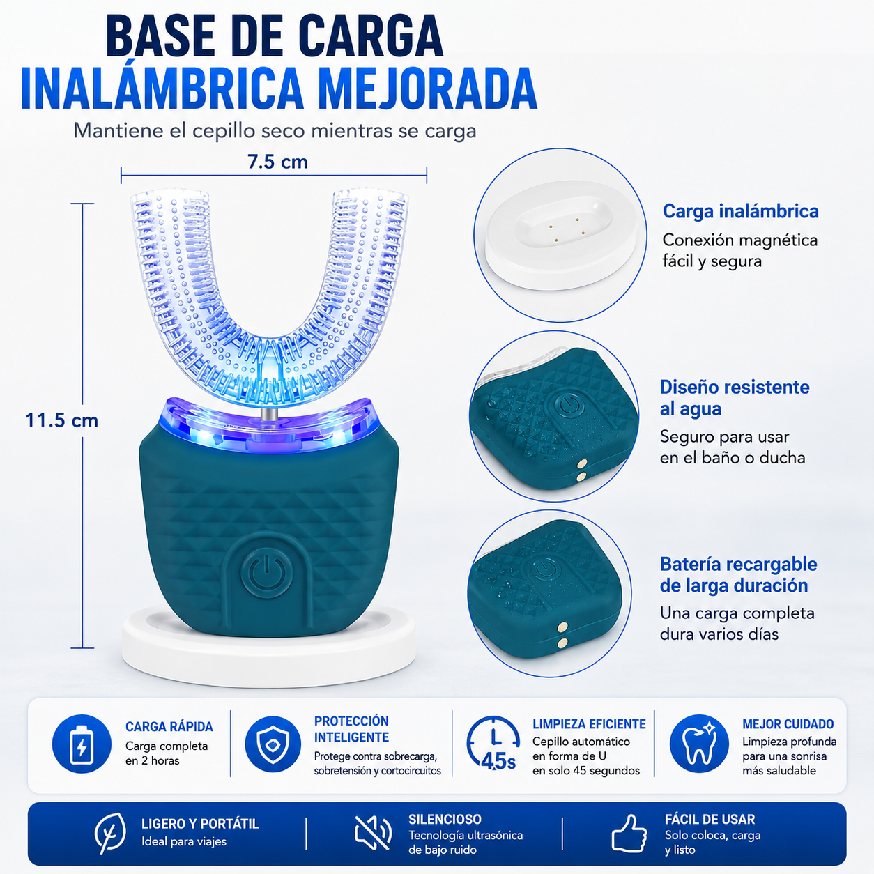 Cepillo de Dientes Electrico Ultrasonico Portatil en Forma de U, Limpieza Automatica de 360 Grados, Blanqueamiento Dental