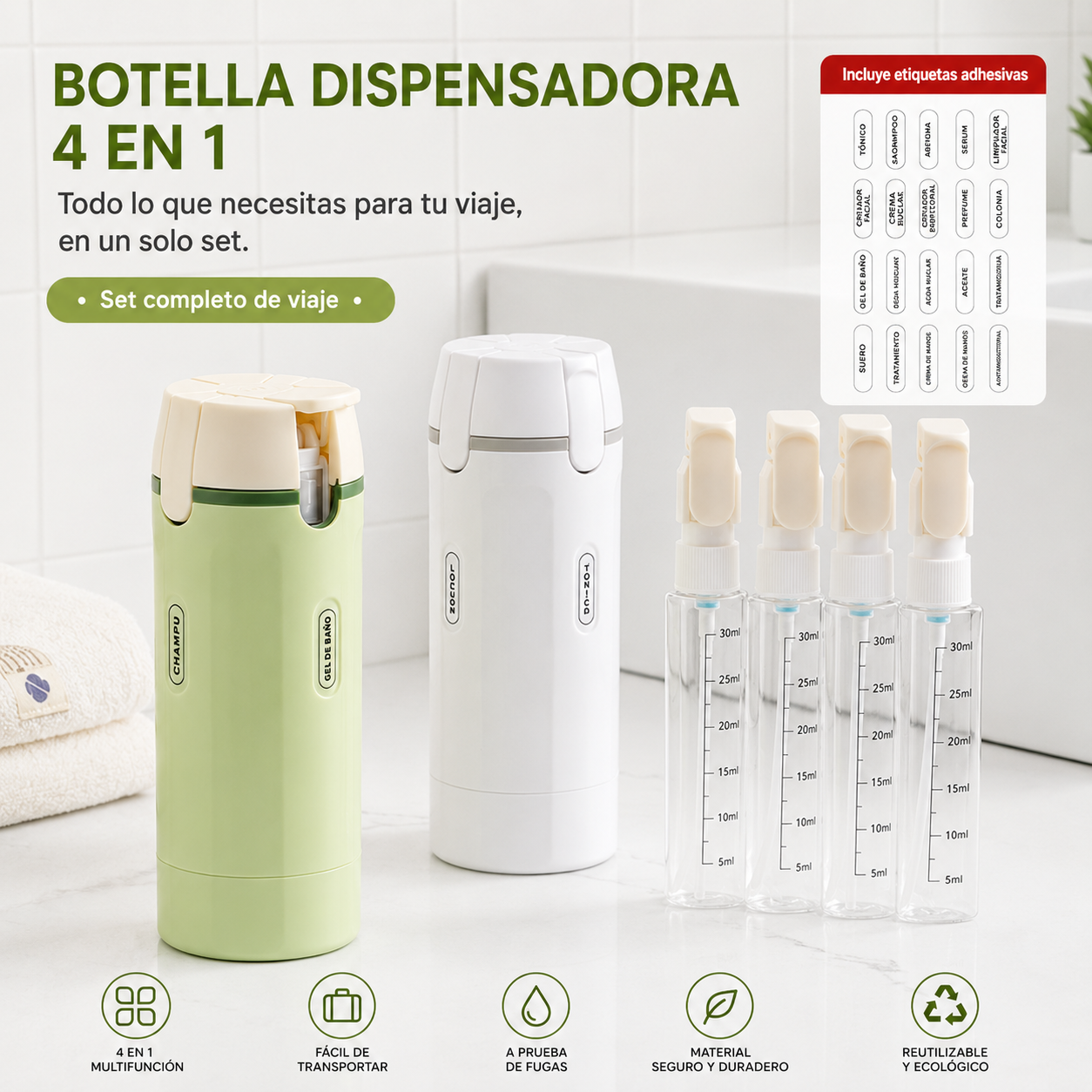 Kit de Artículos de Aseo 4 en 1 con Estuche, Dispensador de Líquido Recargable a Prueba de derrames y fugas