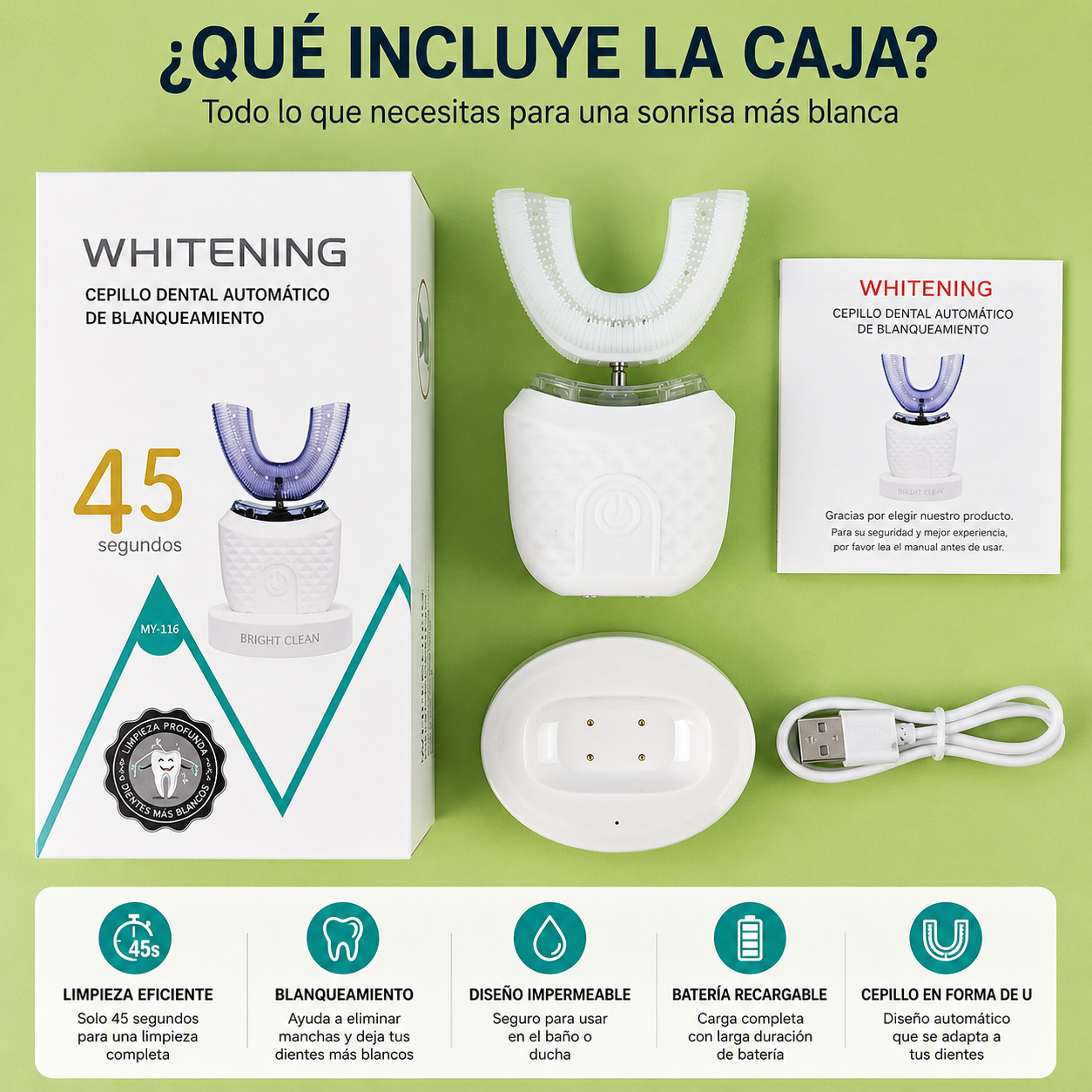 Cepillo de Dientes Electrico Ultrasonico Portatil en Forma de U, Limpieza Automatica de 360 Grados, Blanqueamiento Dental
