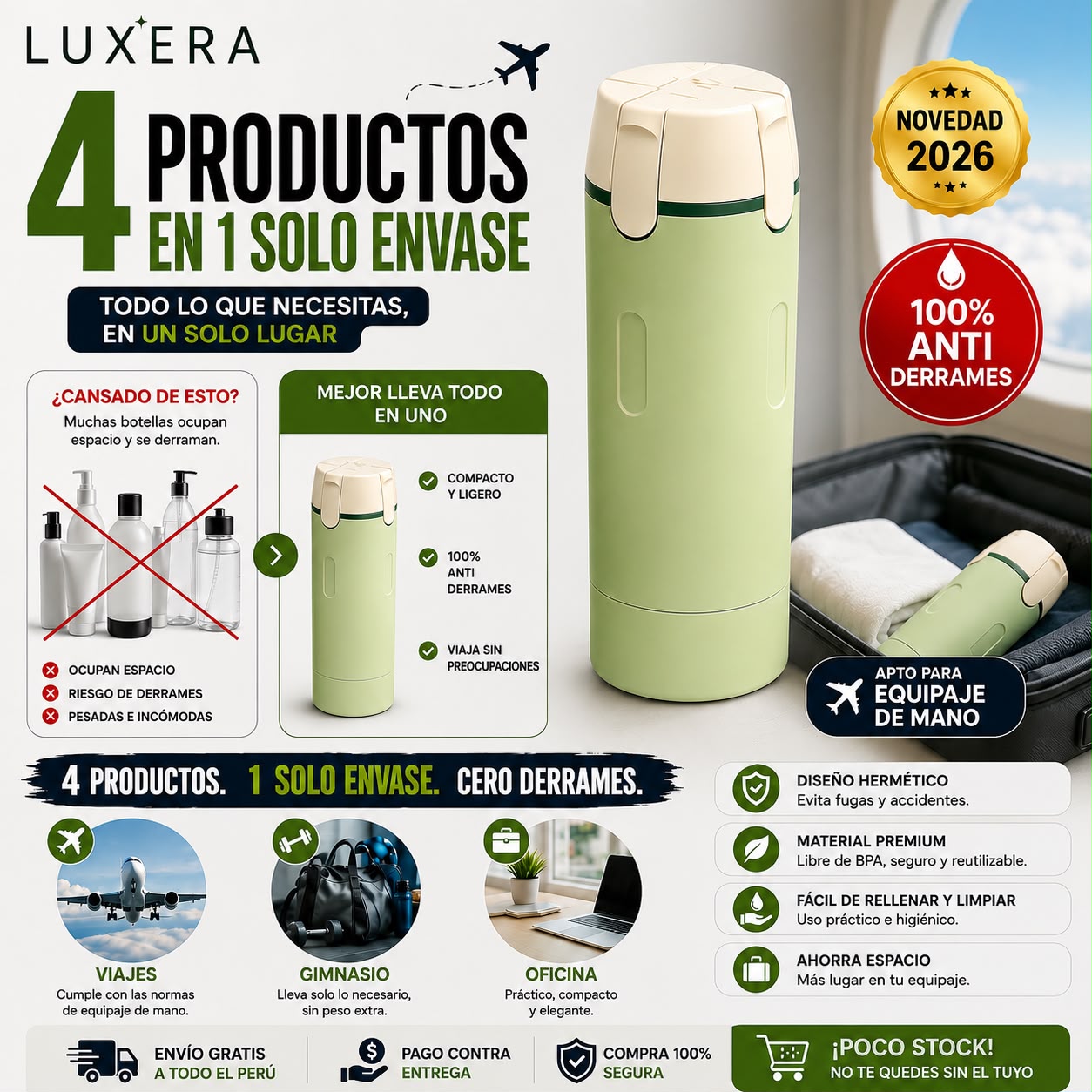 Kit de Artículos de Aseo 4 en 1 con Estuche, Dispensador de Líquido Recargable a Prueba de derrames y fugas