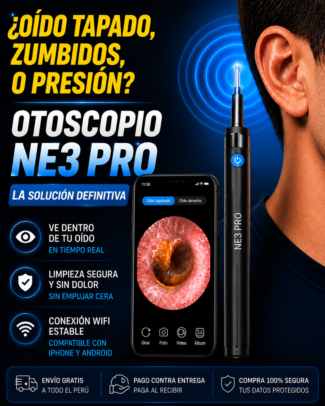Otoscopio NE3 PRO Limpiador de Oidos Recargable, Otoscopio Inalambrico con Wifi, Camara Visual HD para Limpieza de Cerumen y Oido Obstruido